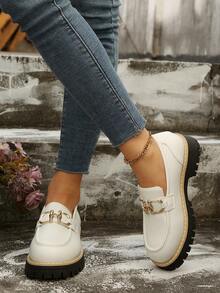 Women's New Solid Color Punk Business Preppy Casual PU Leather Pure Metal College Home Flats, Suitable For All Seasons - White - View 3
