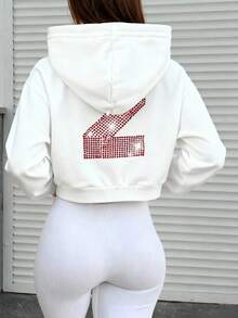 LOVE JOYY 女士水钻装饰宽松拉链连帽衫，休闲时尚，长袖白色卫衣，适合秋冬季穿着 - 白色 - 查看 9