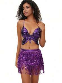 Bộ 2 váy tua rua sequin dây mảnh ngày lễ, trang phục biểu diễn múa bụng Latin, thích hợp cho lễ Halloween - Nhiều màu - Xem 11
