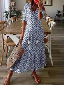 Bohemian Print Floor-Length Maxi Dress - Women's V-Neck Ruffled Sleeves Tassel Tie Flowing Hem Summer Casual Holiday Dress - 藍色 - 查看 7