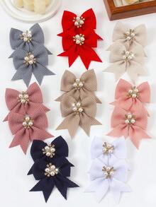 8pcs Vintage Textured Fabric Bow Pearl Rhinestone Barrettes, Cute Girl's Hair Clips, Suitable For Daily Wear And Party, Autumn/Winter - Multicolor - View 6
