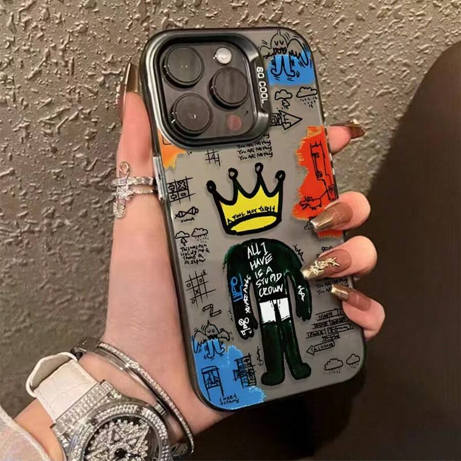 Creative graffiti funny cartoon crown suitable for Phone 16ProMax phone case for Phone 16Pro/16/15Pro/15/14/13/12/11/XMax/XR/7/8 protective case - Negro - Ver 1