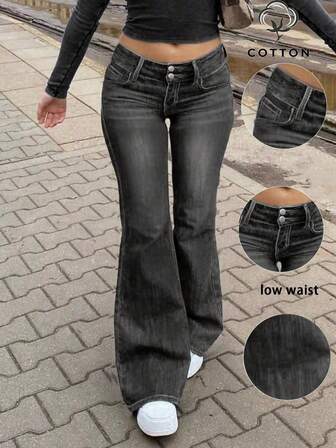 Blugi minimalisti la modă și eleganți pentru femei, cu două nasturi, croială slim fit, evazați, model slim