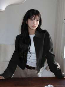 法式复古别致翻领夹克上衣，百搭通勤休闲短款外套，秋季新品 - 黑色 - 查看 5