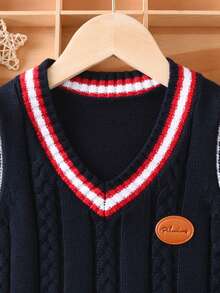 Boys' Knitted Vest, Navy Blue, V-Neck Cable Knit Cotton Sweater Vest, School Style, Suitable For Autumn And Spring Back To School