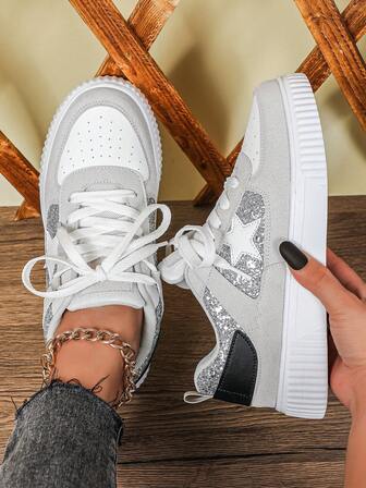These Women Sneakers Feature A Basic Gray And White Color Scheme Accented With Silver Glitter Details, Five-Pointed Star Embellishments, And A Simple, Versatile Lace-Up Round Toe Design. They Are Comfortable, , And Easy To Wear, Perfect For Holiday Travel, Outings, And Everyday Commutes. Ideal For Couples, These Casual Athletic Shoes Are Perfect For Couples.