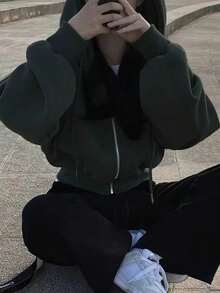 Y2k New Years Women ,Solid-Color, Fashionable And Casual Fall Wear, Women's Street Style Added Warmth Hooded Sweatshirt, Chic, Christmas - Dark Green - View 10