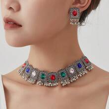Vintage European Palace Exotic Bohemian Rhinestone Hollow Square Sparkling Necklace, Teardrop Beaded Unique Tassel Earrings, Exaggerated Fashion Party Banquet Bridal Jewelry 3-Piece Set - 9-piece Oval Necklace Set - View 12