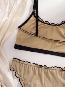 Conjunto de lencería inalámbrica de tono de piel para mujer, conjunto de sujetador y pantie cómodo con ribete de volantes sólido acanalado y sexy - Albaricoque - Ver 8