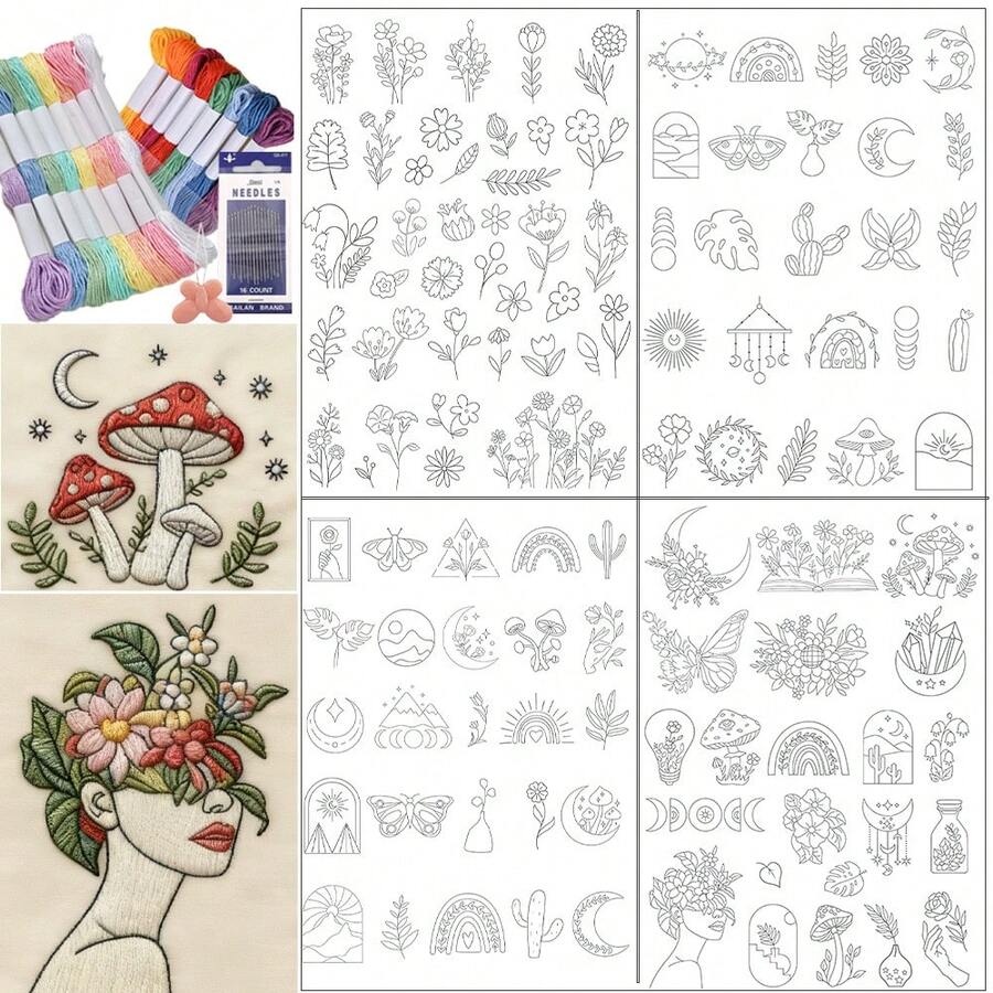Embroidery Patterns Water Soluble For Clothes DIY,Water Soluble Stabilizer Pattern Water With Thread, Hand Sewing Stabilizers Self-Adhesive Non-Woven Pre-Printed Embroidery Patterns - Black and White - View 1