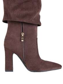 Shark Boots Women's Knee High Boots Fold Over Boots Slouchy Chunky High Heels Shoes Wide Calf Pointed Toe Shoes - Da lộn sô cô la - Xem 10