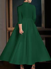 Stand Collar 3/4 Sleeve Buttoned A-Line Dress For Women - Green - View 2