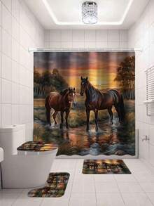Juego de 1/4 piezas de cortina de ducha con patrón creativo de caballo bebiendo agua al atardecer, que incluye alfombra antideslizante, tapete de inodoro, alfombra de baño, cortina de ducha opaca y 12 ganchos resistentes, decoración y accesorios de baño de alta calidad, adecuados para todos los estilos de decoración del hogar - Multicolor - Ver 21