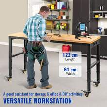 Werkbank, höhenverstellbar, 122 cm L x 61 cm B x 104 cm H, Garagentisch mit 79 cm – 104 cm Höhe, 725,7 kg Kapazität, mit Steckdosen und Hartholzplatte und Metallrahmen & Drehgelenk Rolle - 48 x 24 Zoll mit Rädern - Übersicht 2