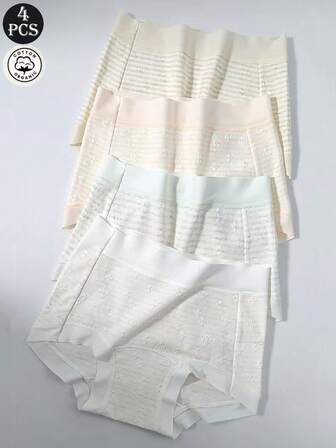 4개/팩 여성용 면 소프트 마카롱 컬러 팬티, 통기성 플로럴 텍스처, 편안한 데일리 웨어 브리프