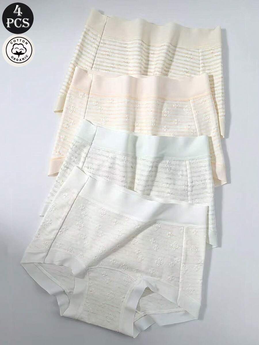 4pcs/Pack Women's Cotton Soft Macaron Color Panties, Breathable Floral Texture, Comfortable Daily Wear Briefs - Multicolor - View 1