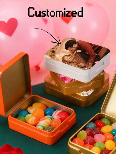 1pc Customized Rectangular Metal Tin Box, Photo Customized Gift Box, Suitable For Gift Storage Box, Candy Storage Box, Small Storage Box, Candy Packaging Box, Customized Wedding Candy Tin Box, Wedding Candy Box, Personalized Gift Box