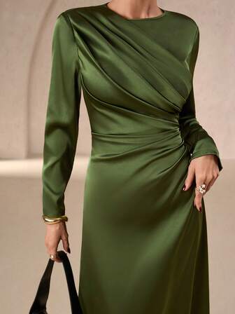 Women's Elegant Formal Office Commuter Casual Holiday Party Vintage Teacher Autumn Middle Eastern Style Solid Color Round Neck Waist Pleated A-Line Satin Long Sleeve Maxi Dress, Solid Color