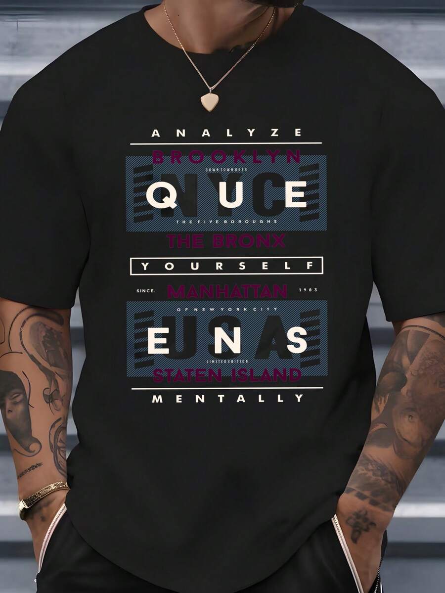 Men's Crew Neck T-Shirt With A Print Of Letters And Names Of New York Neighborhoods, A Modern Urban Design Ideal For Everyday Casual Wear, Perfect For Social Outings In Summer And Autumn. - 黑色 - 查看 1