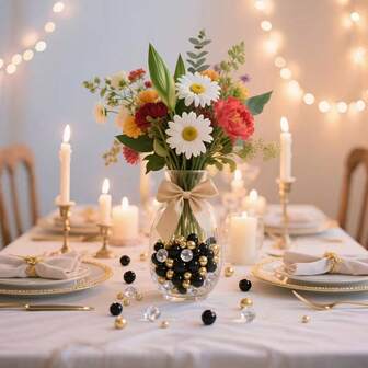 60/180/5180 יחידות קישוטי מילוי לאגרטלים עשויים פנינים דמויות, פנינים דמויות שחורות וזהבות, יהלומים מזויפים שקופים, מלאכת יהלומים, פניני חרוזים סופגות מים, מילוי לאגרטלים עשויים חרוזי פנינים מחוררים, אידיאלי לחתונות, מסיבות יוקרתיות וקישוטים מרכזיים אלגנטיים