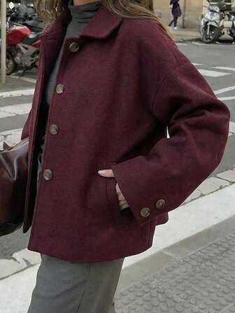 女士时尚休闲法式设计单排扣短款宽领羊毛大衣