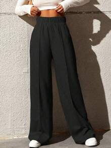 2pcs Minimalist Waffle Plaid Straight Leg Pants, Versatile For Commuting, Spring & Autumn - Black - View 3