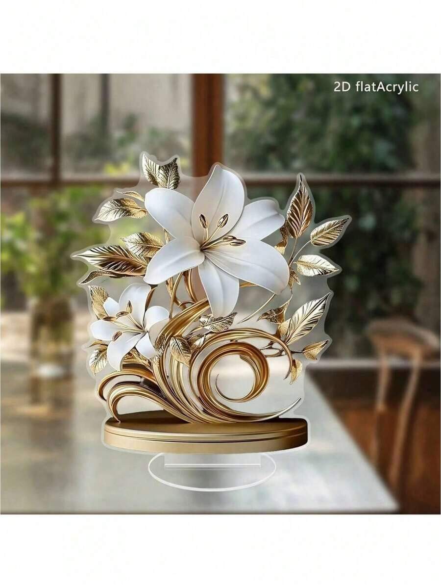 2D Acrylic Floral Desktop Decor, Blooming Lily Design With Golden Leaves And Stamens | Suitable For Living Room And Office | Bohemian Style | Ideal Gift For Holidays And Birthdays - Multicolor - View 1