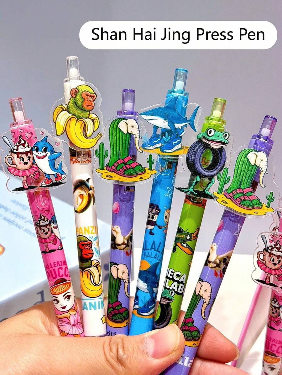 6 pezzi Penne gel acriliche carine di Shanhaijing, penne a forma divertente di alta qualità, penne a sfera con inchiostro nero da 0,5 mm, adatte per casa, scuola e ufficio, regalo carino perfetto per studenti e colleghi - Multicolore - Visualizzare 1