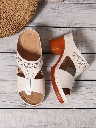 Damsandaler med paisleymönster och bohemiska PU-läder, urholkade och tjock klack, vår/sommar