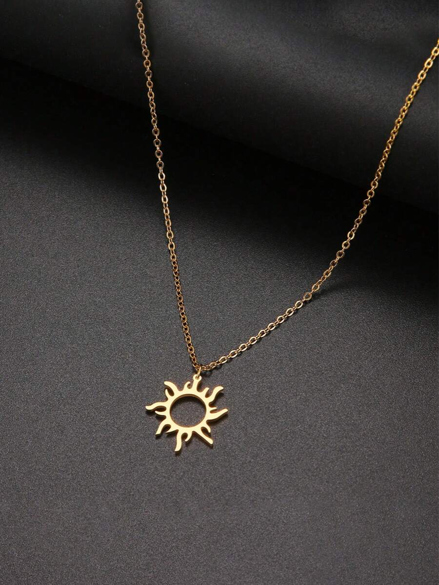 1pc Minimalist Couple Jewelry Sun Flame Pendant Necklace, Stainless Steel Material, Unisex - Sun - View 1