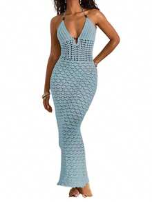 Women's Summer Dress Halter Neck Sleeveless Crochet Hollow Out Bodycon Long Dress For Beach Vacation Party Vacation Outfits Beachwear - Blue - View 4