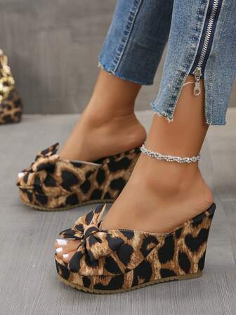 Leopard Print & Solid Color Sexy Bohemian Bow Sandals, Brown Sexy Open Toe Blue Summer Vacation Style Platform Wedge Sandals, Women's Fashion High Heel Thick Bottom Wedge Slippers, Simple Elegant Bohemian Floral Party Sandals