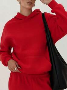 HoodieClean Fit,Warmth,Oversized Fit&Long Length,Women's Pocket Long Sleeve Hoodie For Fall/Autumn&Winter,Minimalist,Baggy Drop Shoulder,Fall Autumn Clothes For Women,Winter Clothes For Women, Tops For Women,Red,Chic,Hoodies Hoodie For WomenLoose And Comfortablewinter Clothes For Women Hoodies For Women - Đỏ - Xem 6