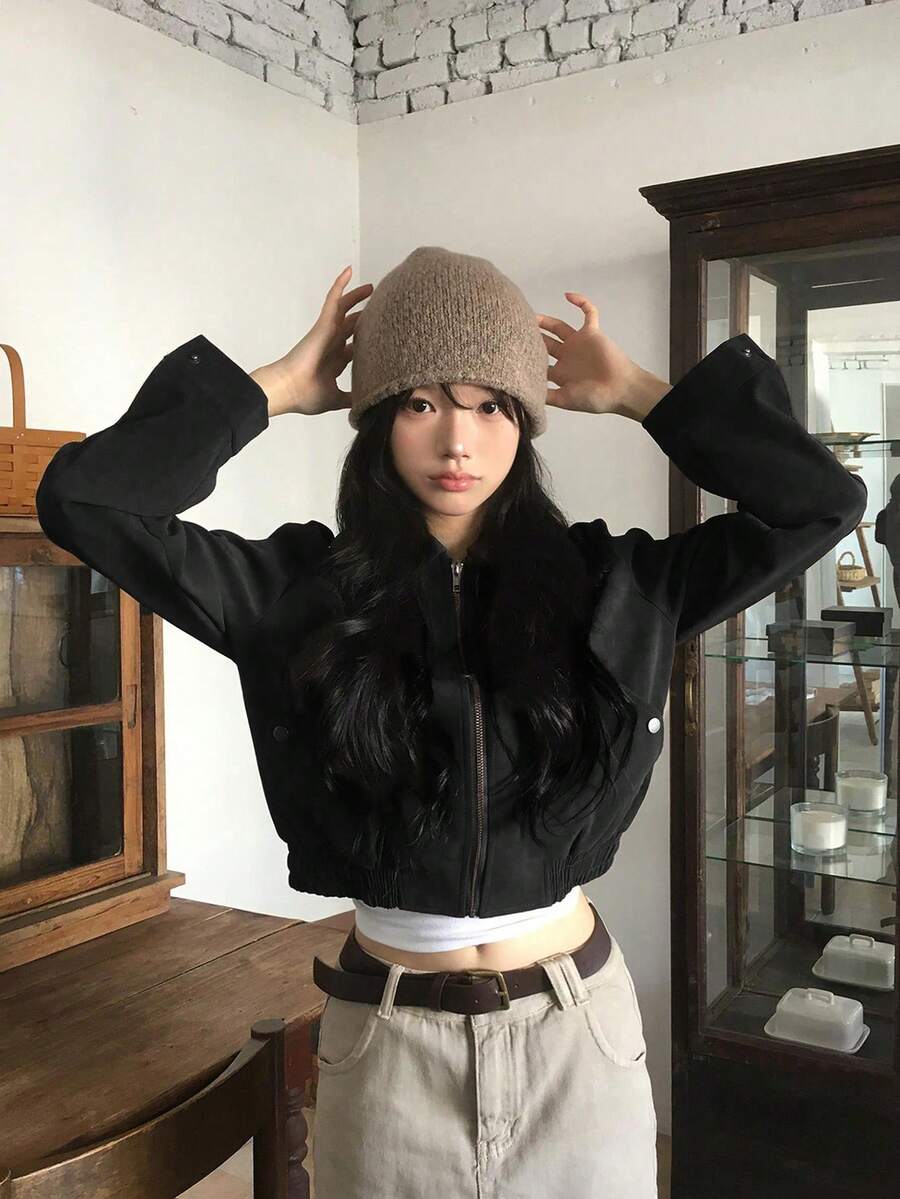 法式复古别致翻领夹克上衣，百搭通勤休闲短款外套，秋季新品 - 黑色 - 查看 1