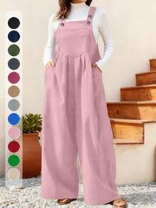 Plus Size Women's Sleeveless Wide Leg Jumpsuit With Pockets, Loose Casual Solid Color, Suitable For Autumn/Winter, Valentine's Day - Pink - View 5