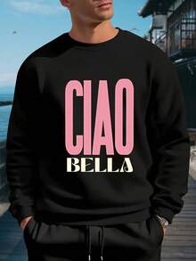 MenInspired Text Print Sweater Ciao Bella Italia Lettering Loose Fit Casual Pullover Pink Golden Lettering Machine Washable Round Neck Sweater For Culture Fans Relaxed Fit With Flag Colors Green White Red Stylish Comfortable For Casual Attire Phrase Design Soft Fabric No Buttons Or Zippers Suitable For Layering Or Standalone Use - Black - View 2