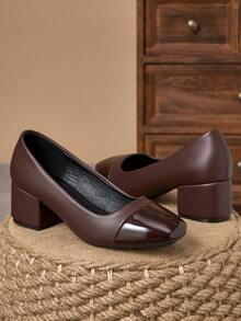 Brown Patent Two-Tone Square Toe Block Heel Pumps – 5cm - Brown - View 1