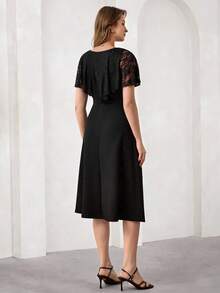 Amorya Women's Contrast Lace Ruffle V-Neck Elegant Fashion Dress - Black - View 2