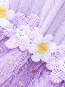 Girls' Summer Short Sleeve Purple Ribbed Splice Mesh Dress + Pearl Mini Handbag, Suitable For Birthday Party, Cocktail Dress - Mauve Purple - View 7