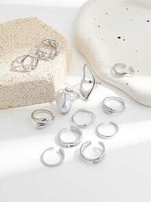 12pcs Baroque Style Faux Pearl Rings Set, Asymmetrical Layered Rings With Diverse Elements For Women - Silver - View 3