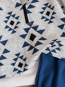 2pcs/Set Boys Ramadan Round Neck Triangle Pattern Zip-Up Long Sleeve Top And Elastic Waist Pants Set - Light Grey - View 4