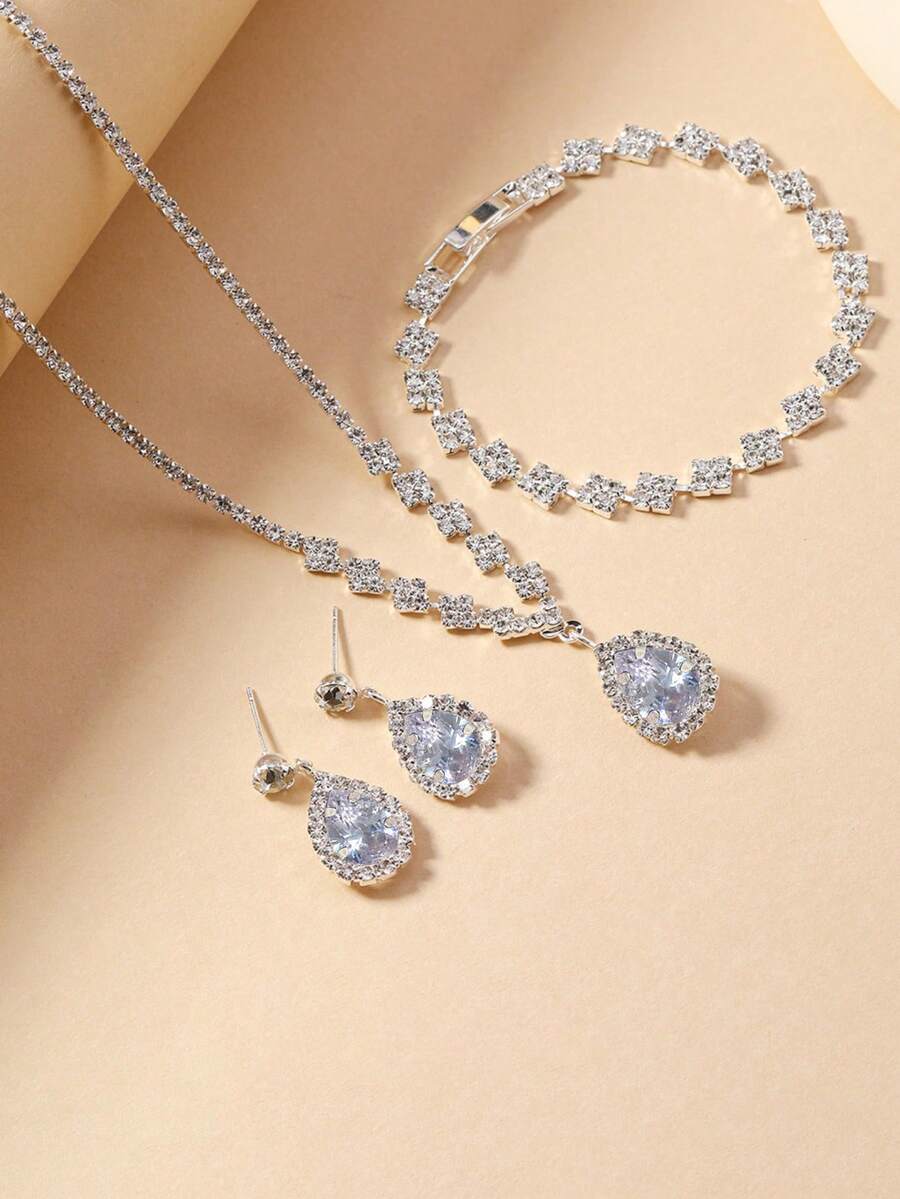 3pcs/Set Silver-Color European & American Fashion Earrings & Necklace Set, Rhinestone Detailed Jewelry Set, Suitable For Teenage Girls, Adults, Gifts For Holidays, Birthdays, Parties, Back To School