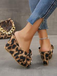 Leopard Print & Solid Color Sexy Bohemian Bow Sandals, Brown Sexy Open Toe Blue Summer Vacation Style Platform Wedge Sandals, Women's Fashion High Heel Thick Bottom Wedge Slippers, Simple Elegant Bohemian Floral Party Sandals - Leopard - View 4