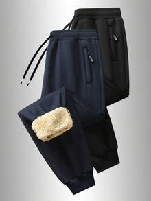 Pantalones deportivos de invierno con forro térmico para hombres, cintura ajustable con cordón, bolsillos laterales, estampado de moda, adecuados para actividades al aire libre, uso diario, viajes, regalo del Día de San Valentín - Azul Marino - Ver 2