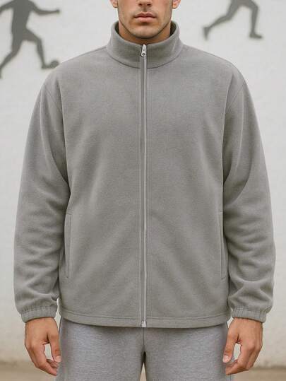 男士抓绒拉链立领夹克 - 多功能外套，适合滑雪、徒步、露营和日常寒冷天气通勤，冬季适用，滑雪