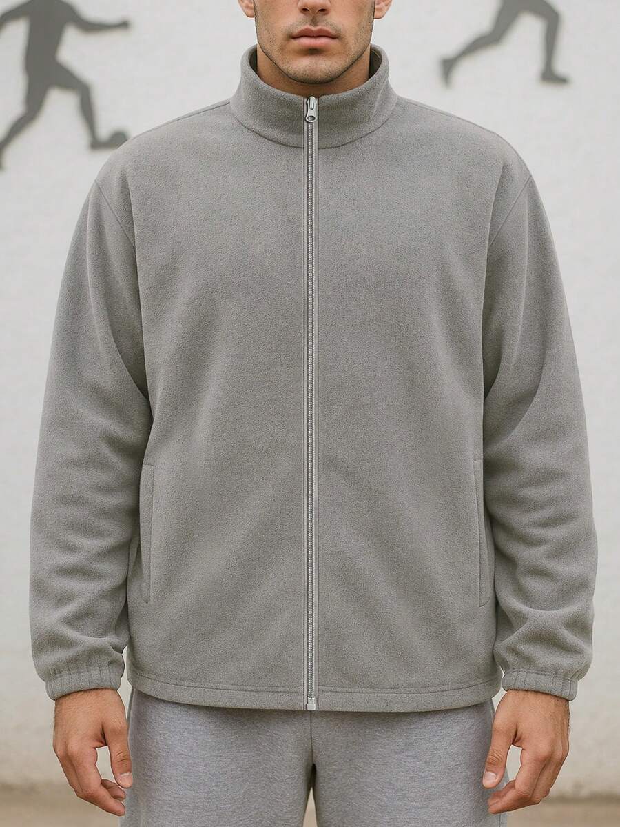 男士抓绒拉链立领夹克 - 多功能外套，适合滑雪、徒步、露营和日常寒冷天气通勤，冬季适用，滑雪 - 淺灰色 - 查看 1