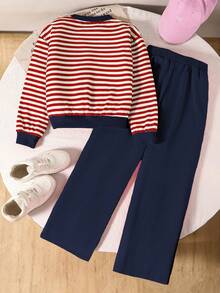 Left Mama 2pcs Girls Casual Striped Long Sleeve Top And Wide Leg Pants Set, Spring/Autumn - Red - View 2