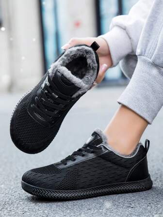 TACHUAN 1 Pair Unisex Casual Solid Color Sports Fabric Mesh Splice Lace-Up Warm Wide-Fit Shoes, Outdoor Winter