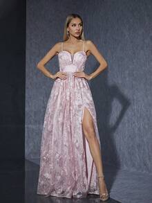 缎面吊带刺绣蕾丝晚礼服 - 粉色 - 查看 3