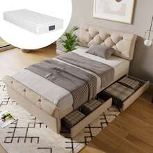 (=111297AAN) Single Upholstered Bed 90x200cm, Bed Frame With 2 Drawers And Height-Adjustable Headboard, Chesterfield Functional Bed, Natural, With Mattress - Beige - View 9